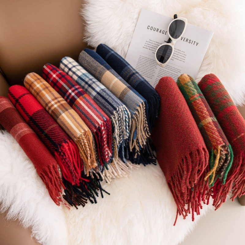 Stella Fashion Classic Pail Red Scarf Women Warm Extra Large Shawl Scarf Unisex Winter Neck Scarf Color Matching Plaid Print Tassel