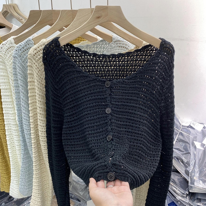 [Stella Fashion]  Summer New Hollow Knitted Cardigan Women's Long-Sleeved Outer Sunscreen Mesh Small Blouse Jacket Short Top .-Stella's Fashion