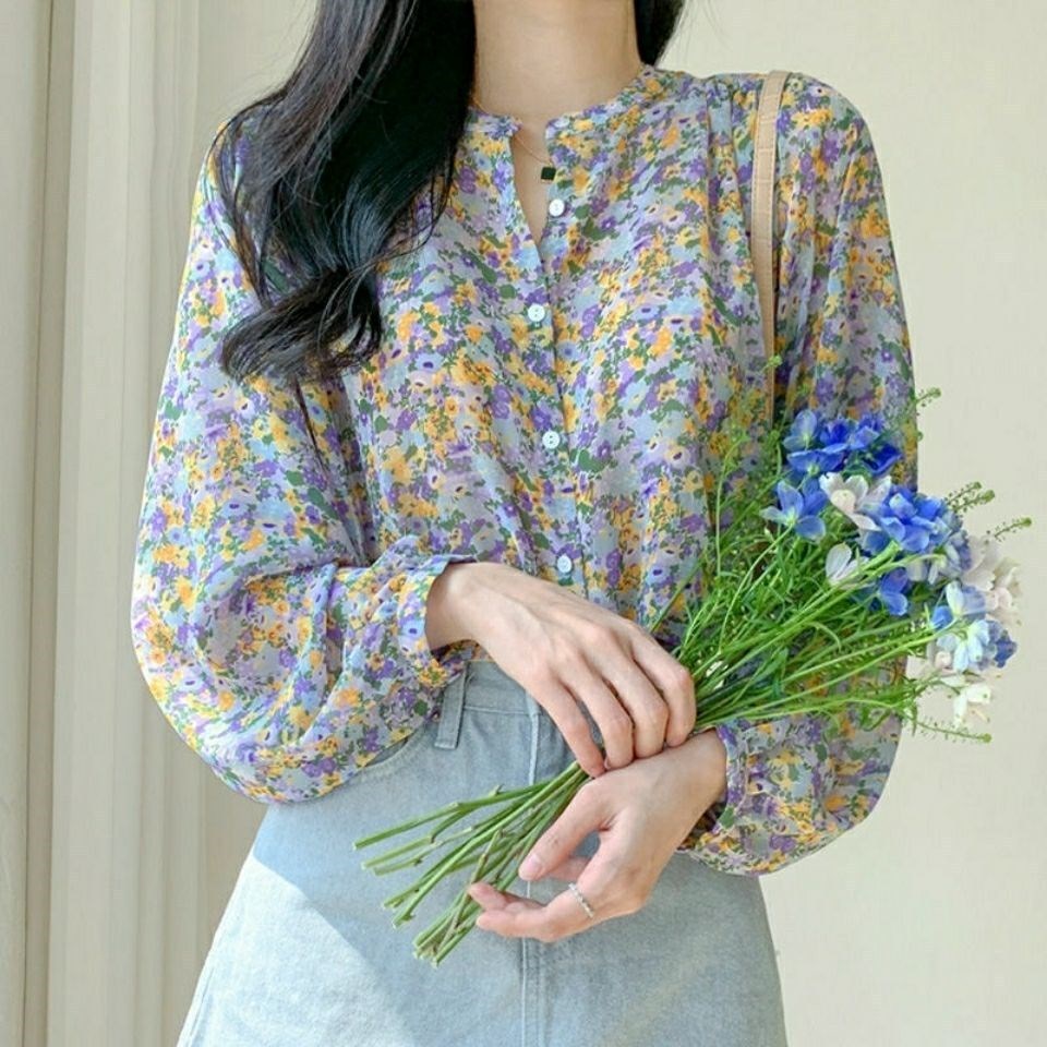 Stella Fashion Floral Chiffon Shirt Women's Long-Sleeved Printed Casual Comfortable Blouse
