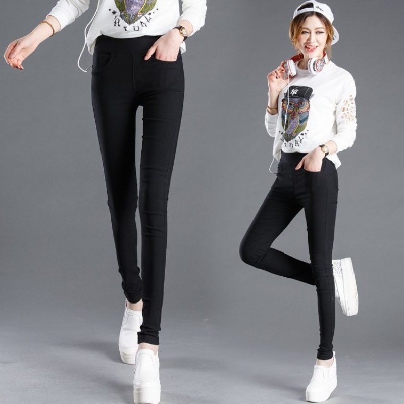 Women Elastic Waist Stretchable Slim Fit Cropped Skinny Long Pants Front and Rear Pockets Pencil Pants-Stella's Fashion