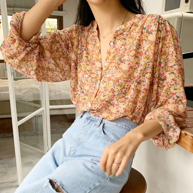 Stella Fashion Floral Chiffon Shirt Women's Long-Sleeved Printed Casual Comfortable Blouse