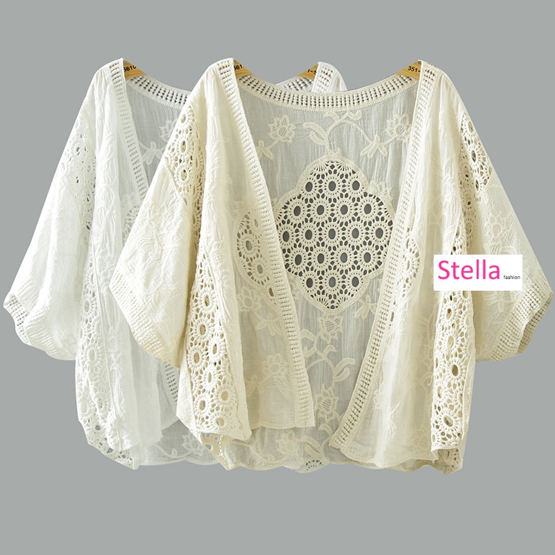 [Stella Fashion] Fashion Women's Skeleton Cardigan 3/4 Sleeve thin Cotton Top-Stella's Fashion