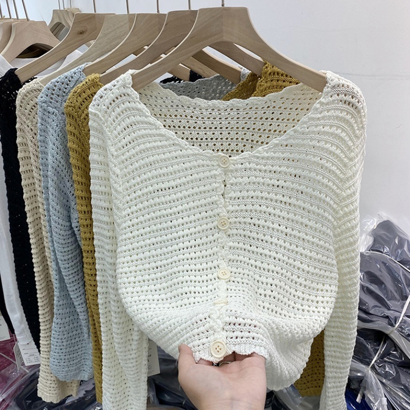 [Stella Fashion]  Summer New Hollow Knitted Cardigan Women's Long-Sleeved Outer Sunscreen Mesh Small Blouse Jacket Short Top .-Stella's Fashion