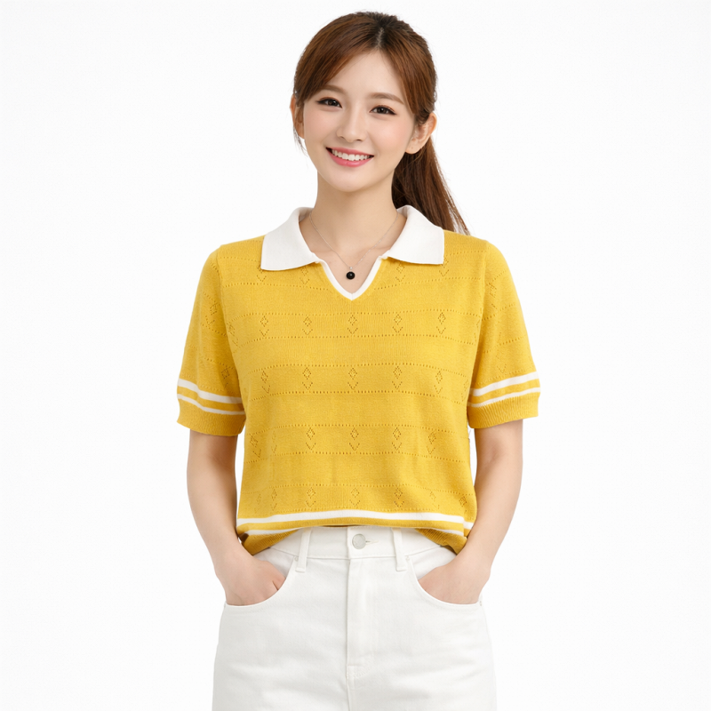 Stella Fashion Sweet Striped Polo Top | Ice Silk Fabric | Slim Fit Pullover | Girly Fashion Blouse