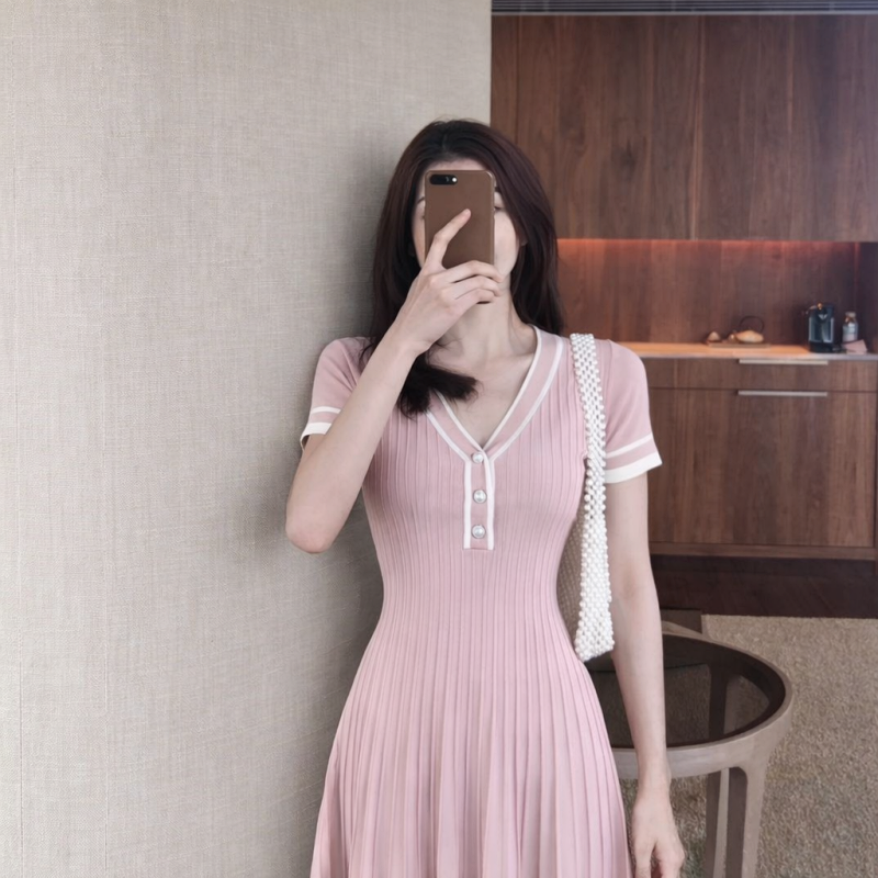 Stella Fashion Elegant V‑Neck A‑Line Dress – Ice Silk Blend, Sweet Princess Style, Summer Casual Wear