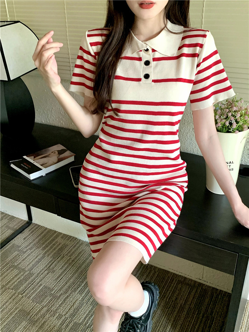 Stella Fashion Women’s Short Sleeve Polo Dress, Striped A-Line Skirt, Casual Korean Fashion