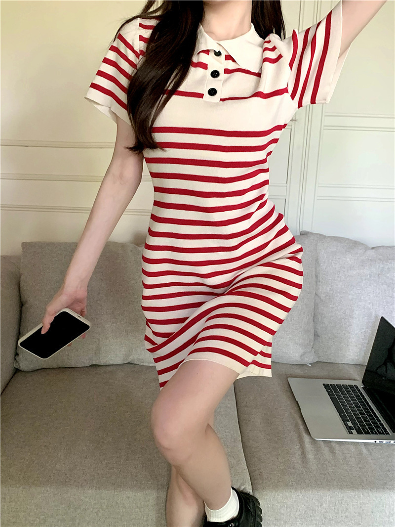 Stella Fashion Women’s Short Sleeve Polo Dress, Striped A-Line Skirt, Casual Korean Fashion