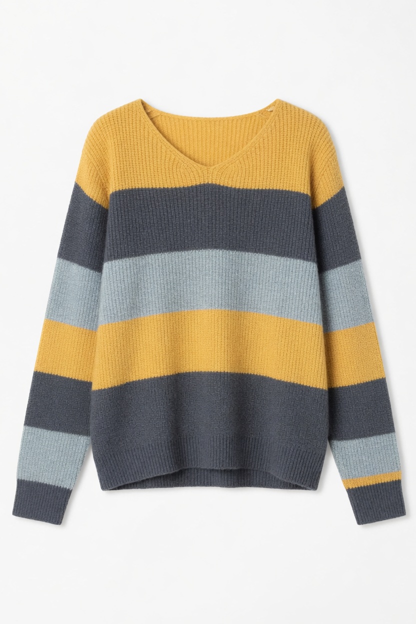 Stella Fashion Korean Style Color Block Chenille Knit Sweater | Soft Loose Fit V-Neck Pullover Top (Free Size)