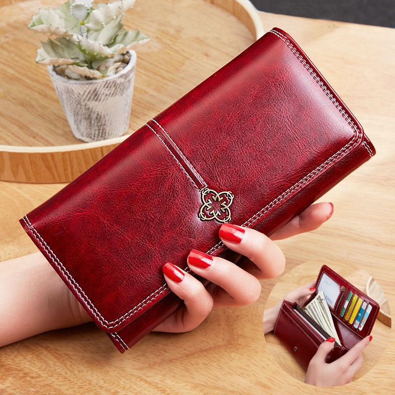 Ladies High end Oil Wax Leather Long Wallet Purse Perempuan Purse W