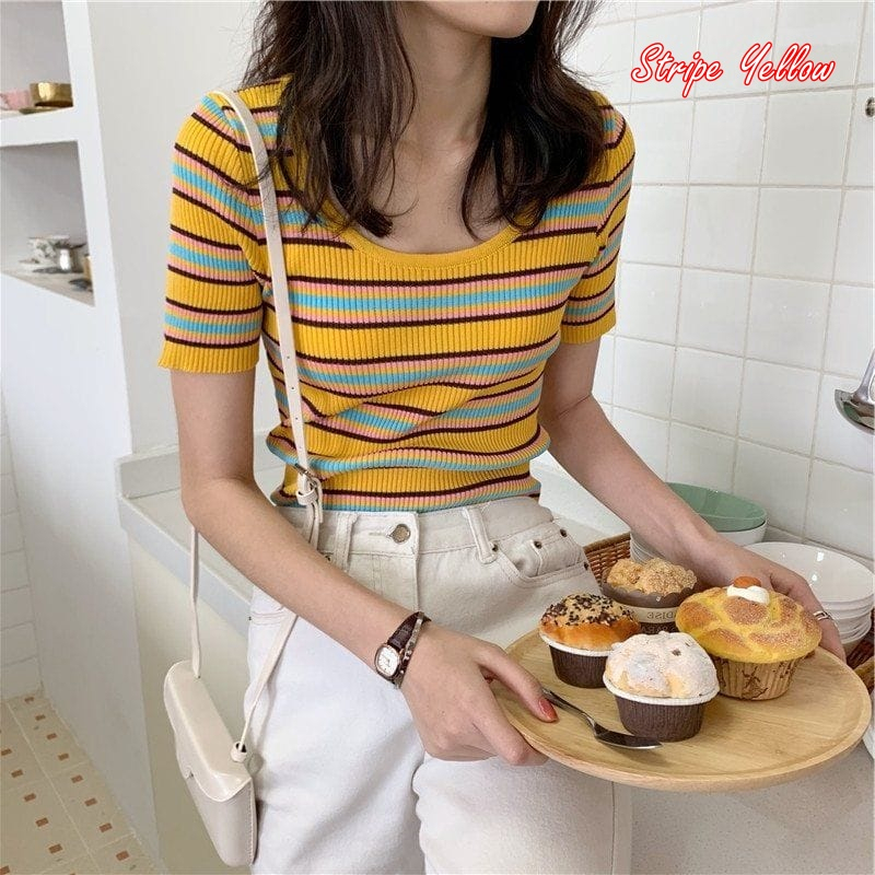 [Stella Fashion] Women’s Korean Solid Color V- Neck Casual Slim Knitted Short Sleeve Crop T-Shirt. Women Tops