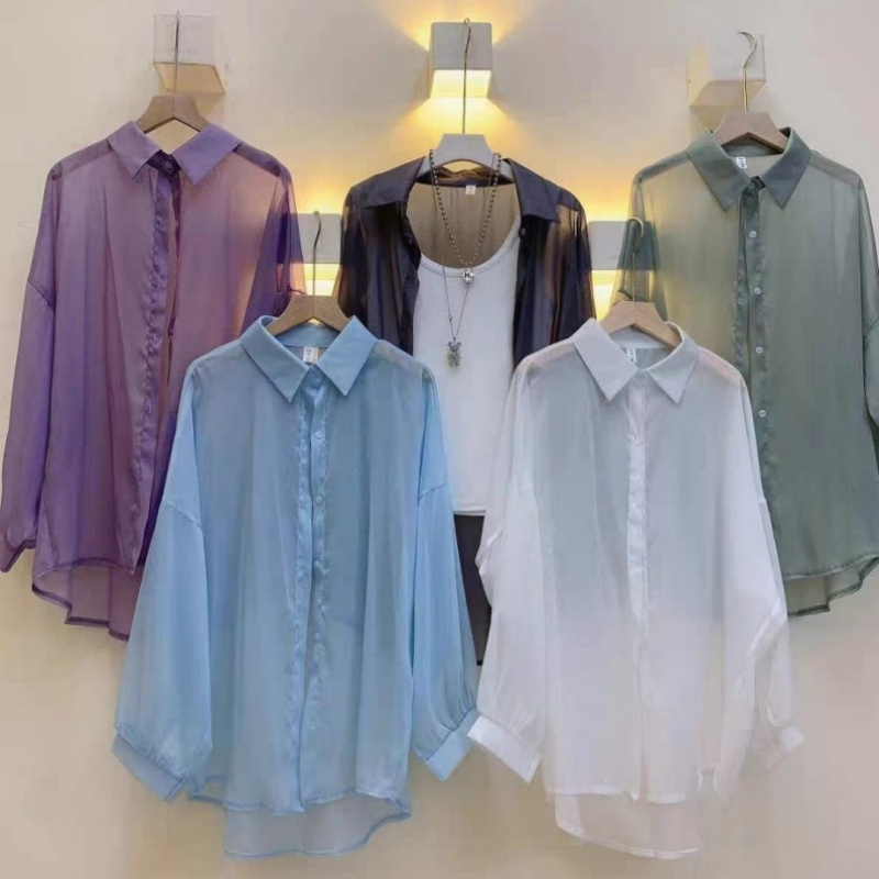 Summer Thin Shirt Women's New Trendy Long Sleeved Sunscreen Top Chiffon Shirt Jacket Lapel long sleeved all Match shirt-Stella's Fashion