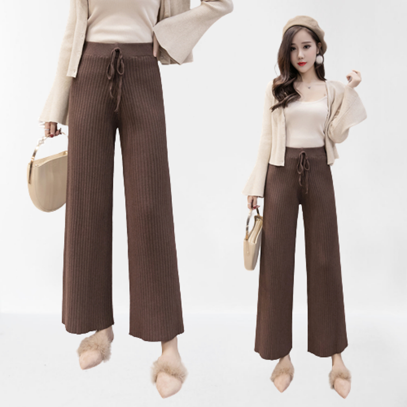 Stella Fashion Korean Version Women Retro Leisure Style Wide Leg Elastic Waist Knitted Long Pants Fashion Palazzo