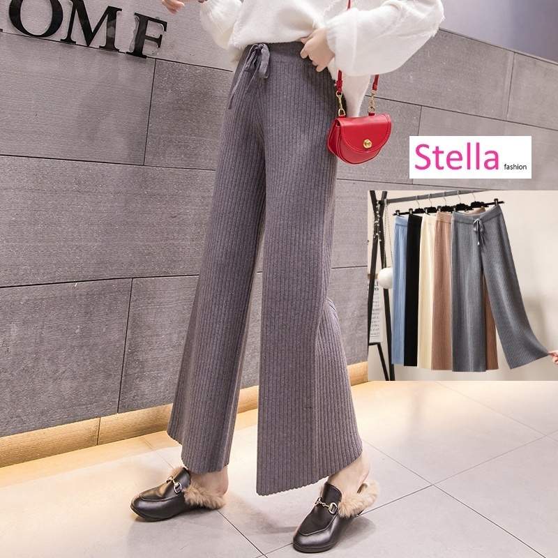 Stella Fashion Korean Version Women Retro Leisure Style Wide Leg Elastic Waist Knitted Long Pants Fashion Palazzo
