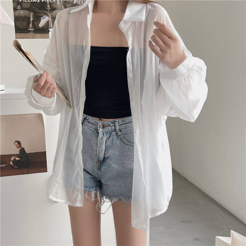 Summer Thin Shirt Women's New Trendy Long Sleeved Sunscreen Top Chiffon Shirt Jacket Lapel long sleeved all Match shirt-Stella's Fashion