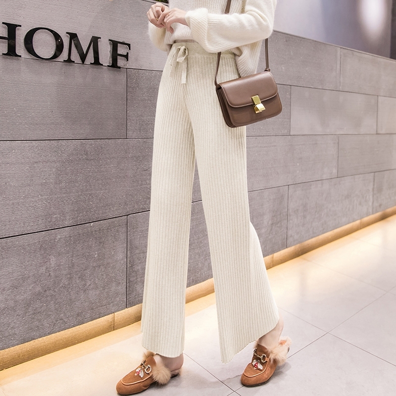 Stella Fashion Korean Version Women Retro Leisure Style Wide Leg Elastic Waist Knitted Long Pants Fashion Palazzo