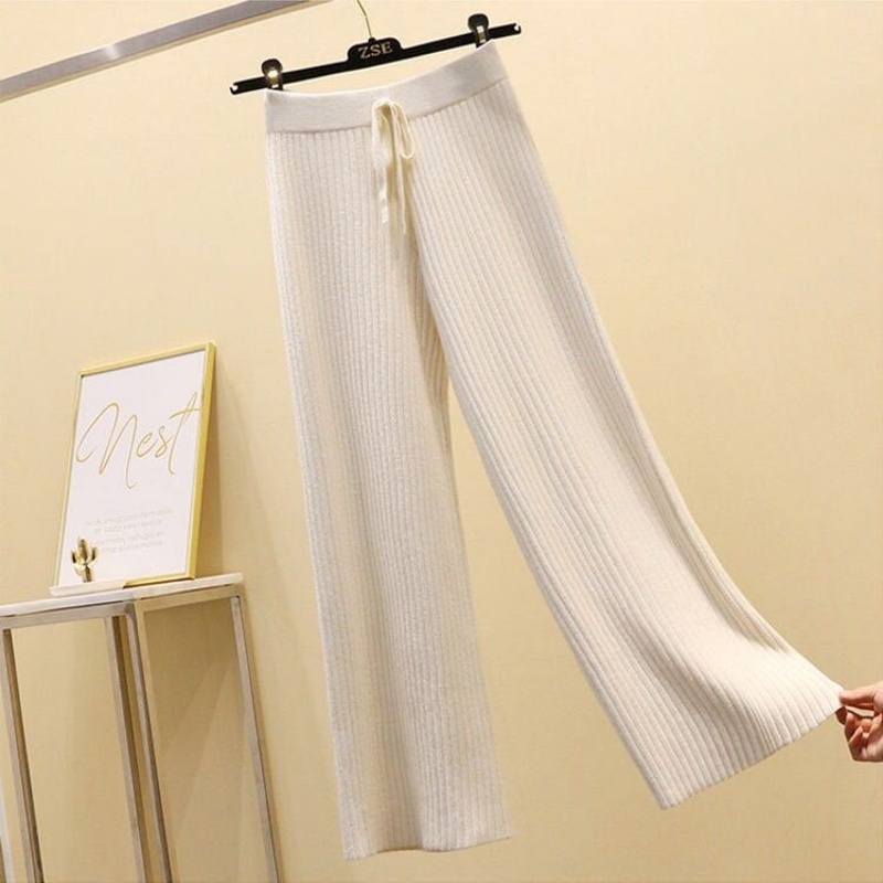 Stella Fashion Korean Version Women Retro Leisure Style Wide Leg Elastic Waist Knitted Long Pants Fashion Palazzo