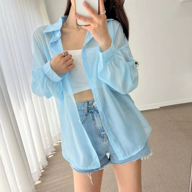 Summer Thin Shirt Women's New Trendy Long Sleeved Sunscreen Top Chiffon Shirt Jacket Lapel long sleeved all Match shirt-Stella's Fashion