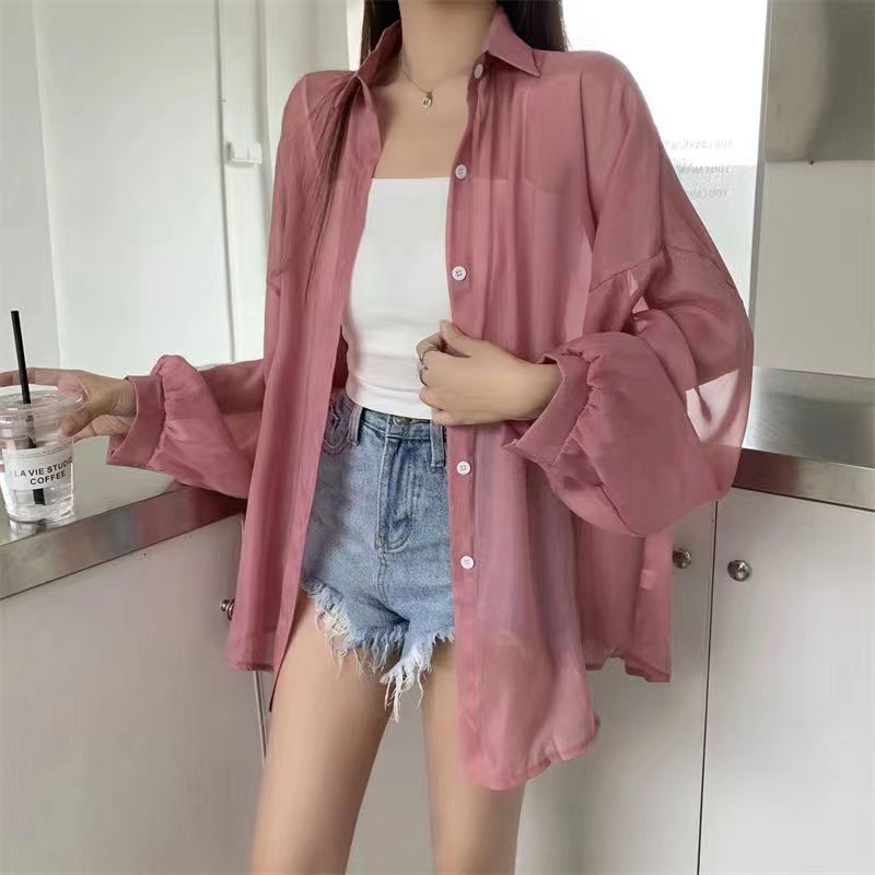 Summer Thin Shirt Women's New Trendy Long Sleeved Sunscreen Top Chiffon Shirt Jacket Lapel long sleeved all Match shirt-Stella's Fashion