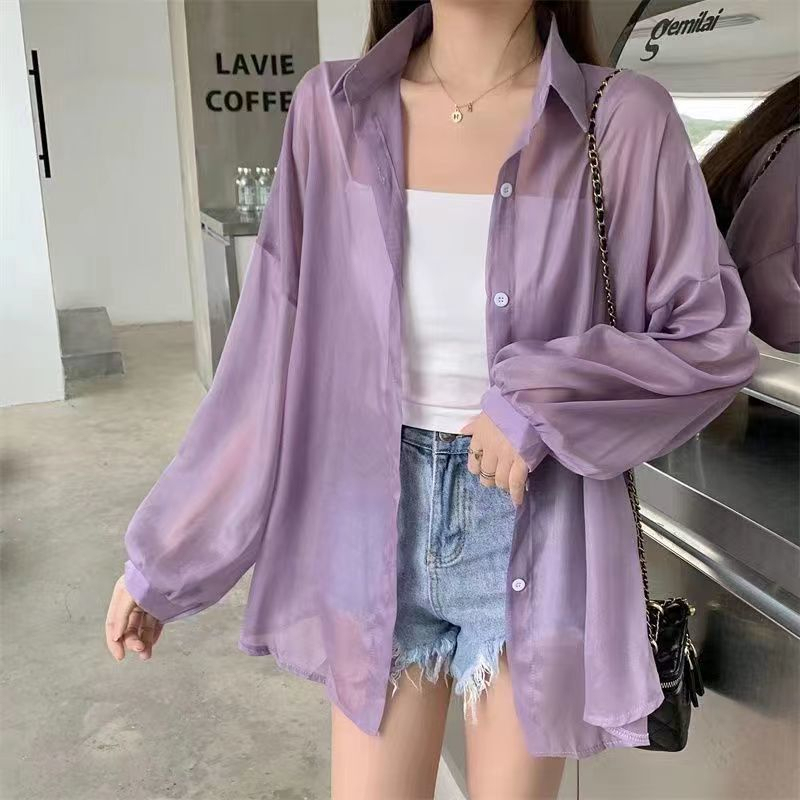 Summer Thin Shirt Women's New Trendy Long Sleeved Sunscreen Top Chiffon Shirt Jacket Lapel long sleeved all Match shirt-Stella's Fashion