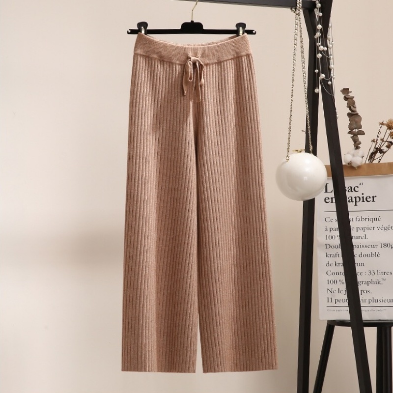 Stella Fashion Korean Version Women Retro Leisure Style Wide Leg Elastic Waist Knitted Long Pants Fashion Palazzo
