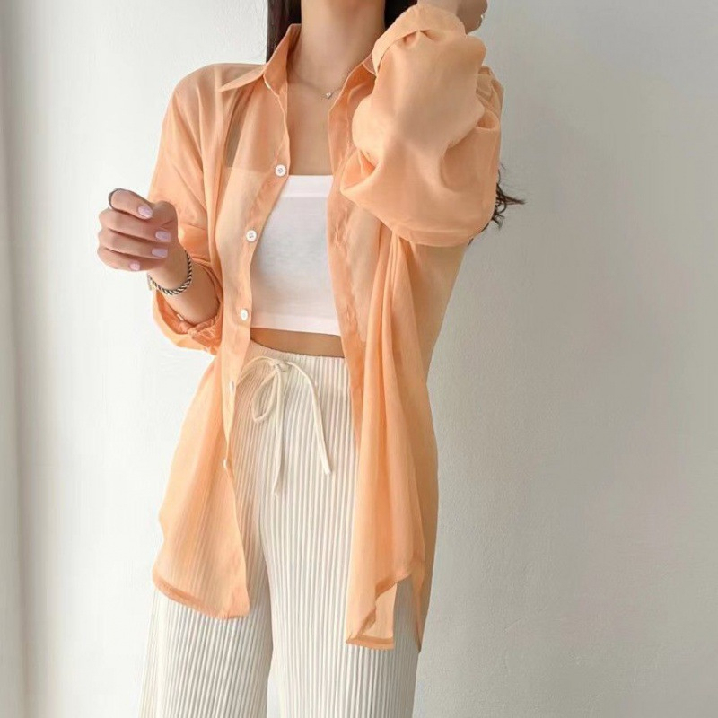 Summer Thin Shirt Women's New Trendy Long Sleeved Sunscreen Top Chiffon Shirt Jacket Lapel long sleeved all Match shirt-Stella's Fashion