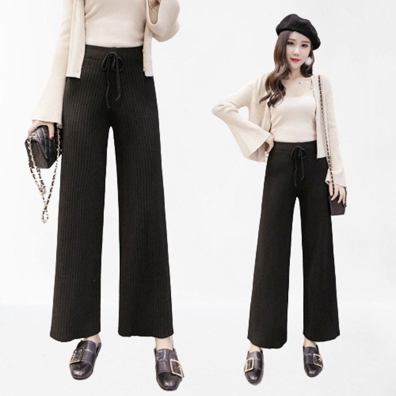Stella Fashion Korean Version Women Retro Leisure Style Wide Leg Elastic Waist Knitted Long Pants Fashion Palazzo