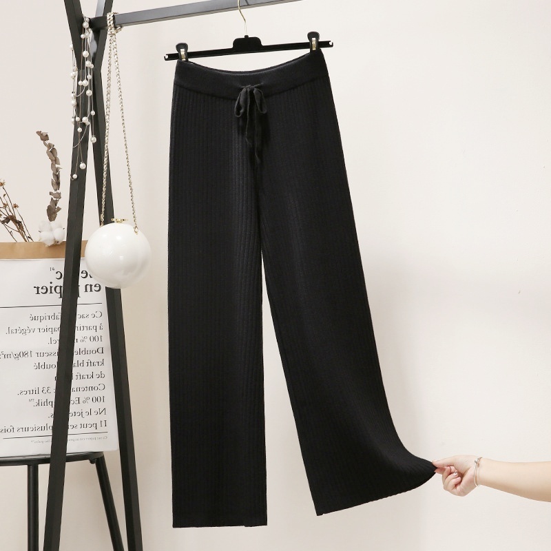Stella Fashion Korean Version Women Retro Leisure Style Wide Leg Elastic Waist Knitted Long Pants Fashion Palazzo