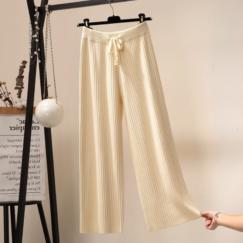 Stella Fashion Korean Version Women Retro Leisure Style Wide Leg Elastic Waist Knitted Long Pants Fashion Palazzo