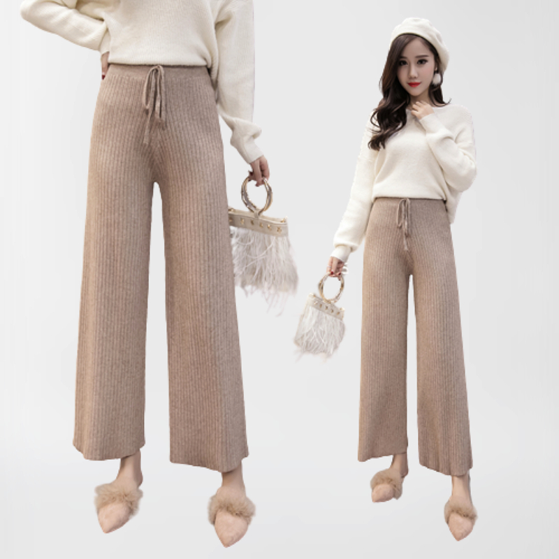 Stella Fashion Korean Version Women Retro Leisure Style Wide Leg Elastic Waist Knitted Long Pants Fashion Palazzo