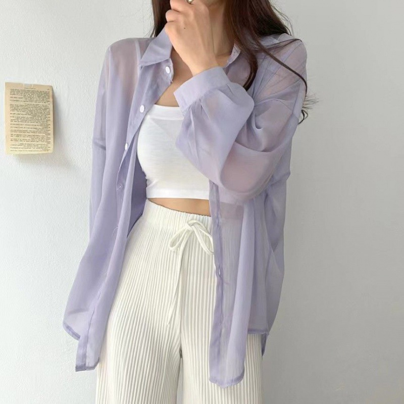 Summer Thin Shirt Women's New Trendy Long Sleeved Sunscreen Top Chiffon Shirt Jacket Lapel long sleeved all Match shirt-Stella's Fashion