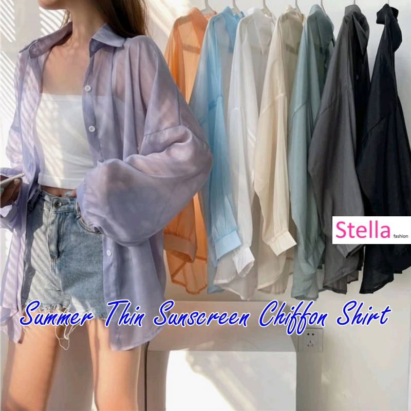 Summer Thin Shirt Women's New Trendy Long Sleeved Sunscreen Top Chiffon Shirt Jacket Lapel long sleeved all Match shirt-Stella's Fashion