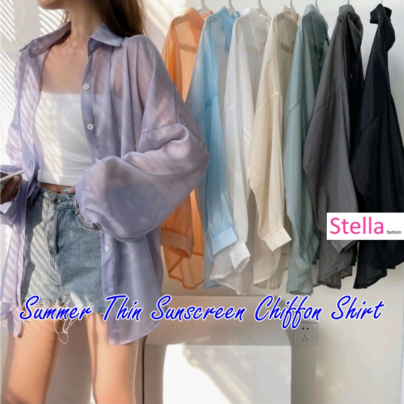 Summer Thin Shirt Women's New Trendy Long Sleeved Sunscreen Top Chiffon Shirt Jacket Lapel long sleeved all Match shirt-Stella's Fashion