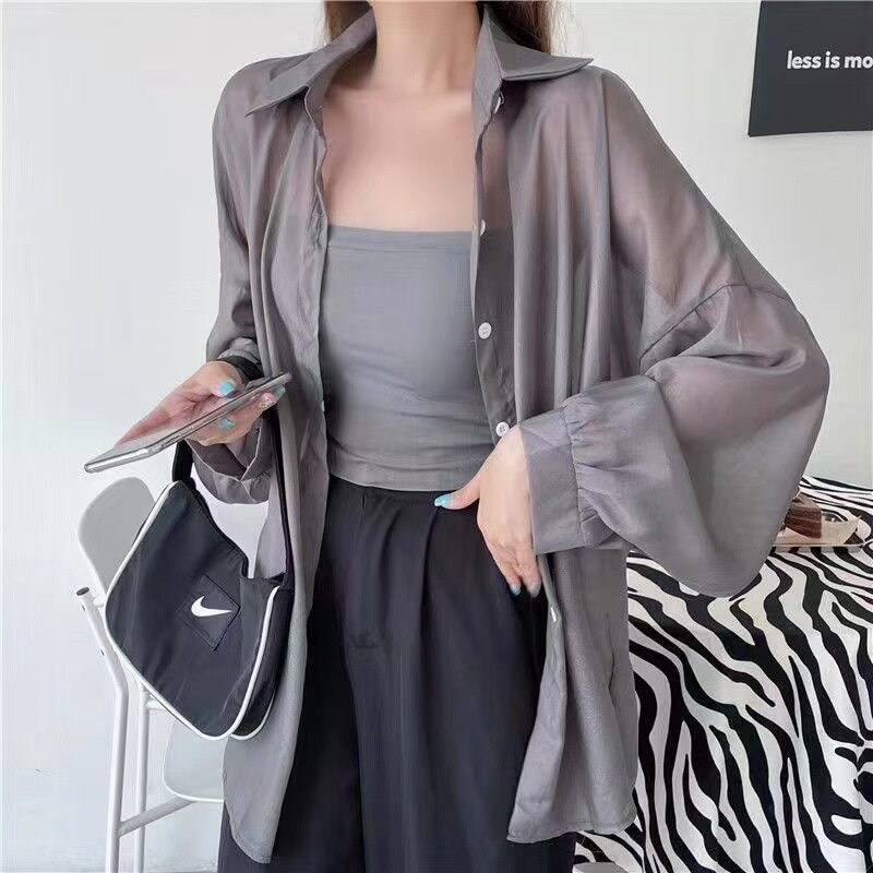 Summer Thin Shirt Women's New Trendy Long Sleeved Sunscreen Top Chiffon Shirt Jacket Lapel long sleeved all Match shirt-Stella's Fashion