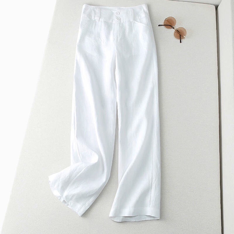 Stella Fashion Women Casual Pants Semi Elastic High Waist Loose Straight Pants Linen and Cotton Wide Leg Trousers