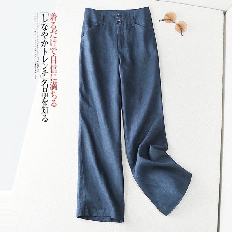 Stella Fashion Women Casual Pants Semi Elastic High Waist Loose Straight Pants Linen and Cotton Wide Leg Trousers