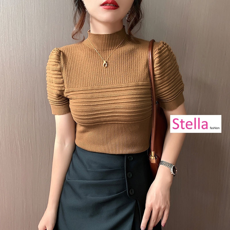 Stella Fashion Korean Style Half High Neck Short Sleeved Knit Top Women Bubble Sleeves Summer Slim Fitting Plain T Shirt