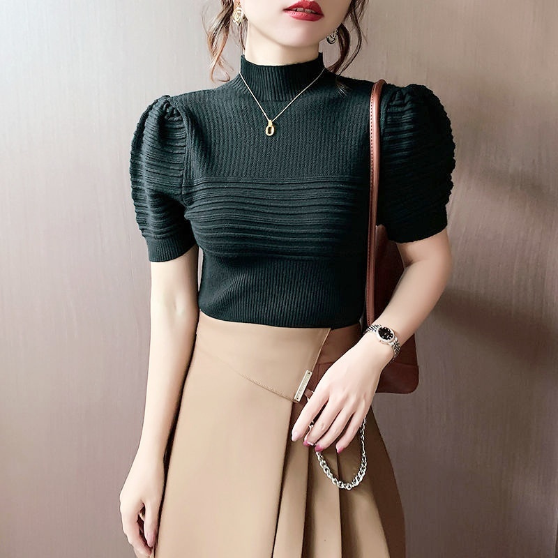 Stella Fashion Korean Style Half High Neck Short Sleeved Knit Top Women Bubble Sleeves Summer Slim Fitting Plain T Shirt