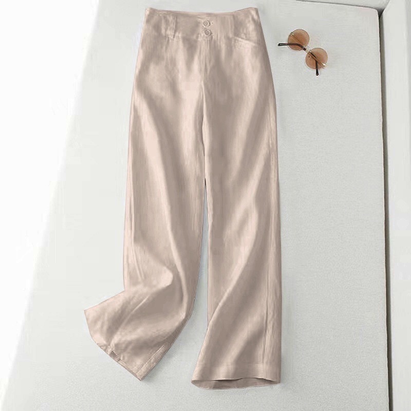 Stella Fashion Women Casual Pants Semi Elastic High Waist Loose Straight Pants Linen and Cotton Wide Leg Trousers