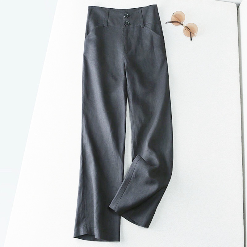 Stella Fashion Women Casual Pants Semi Elastic High Waist Loose Straight Pants Linen and Cotton Wide Leg Trousers