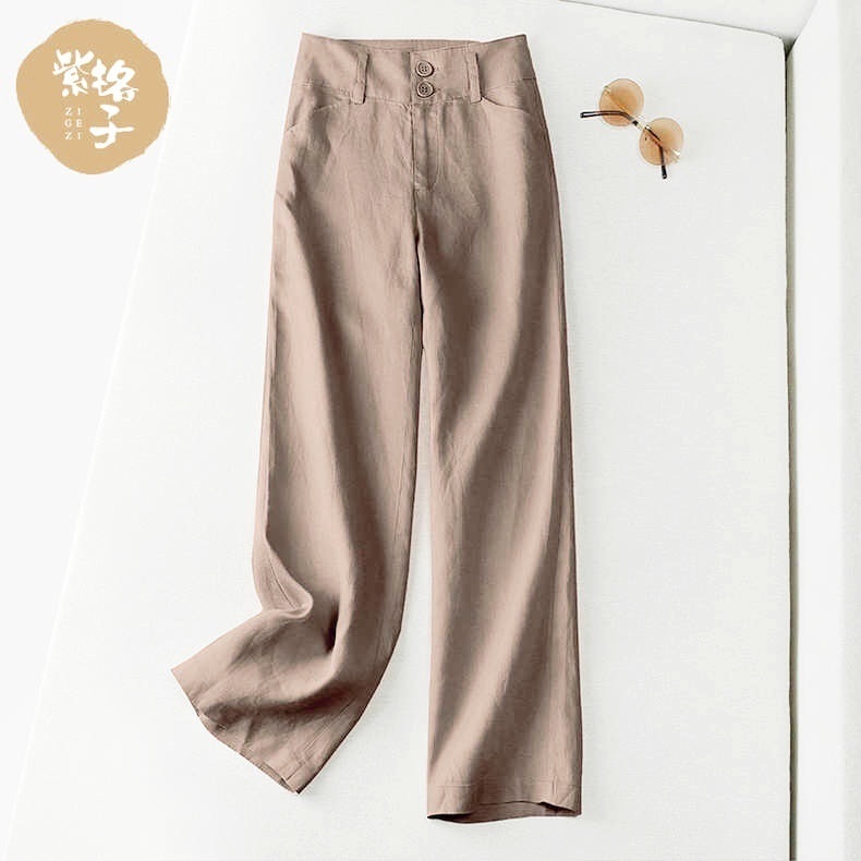 Stella Fashion Women Casual Pants Semi Elastic High Waist Loose Straight Pants Linen and Cotton Wide Leg Trousers