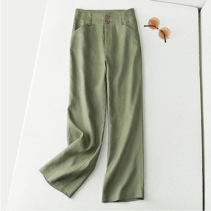 Stella Fashion Women Casual Pants Semi Elastic High Waist Loose Straight Pants Linen and Cotton Wide Leg Trousers