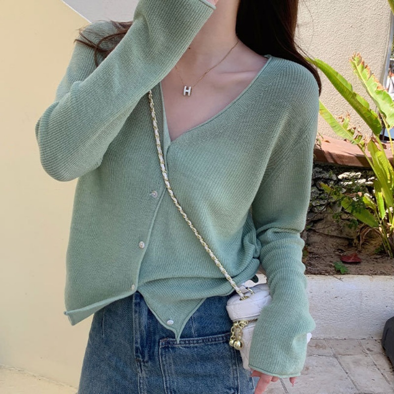 [Stella Fashion] Summer Sunscreen Outer Korean Style Women's Cover Fat Thin Top Long Sleeve Cardigan Knitted Blouse-Stella's Fashion