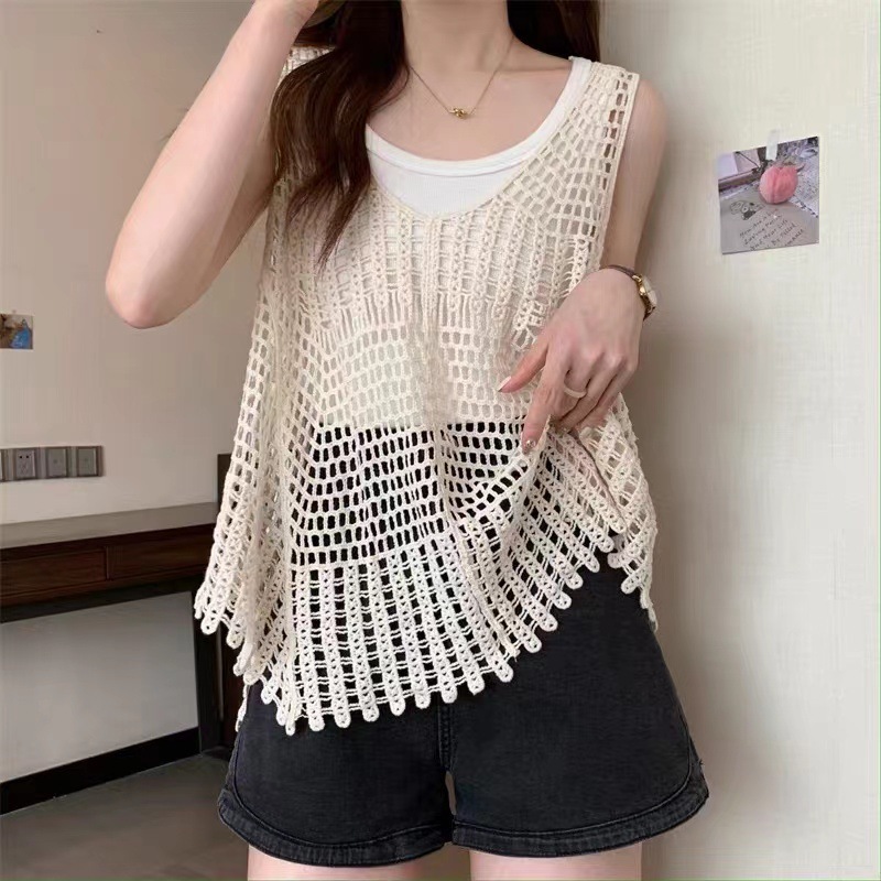 [Stella Fashion] Women's Summer V Neck Leaf Pattern Loose Tops Sleeveless Hollow Crochet knit Crop Cardigan Casual Vest-Stella's Fashion