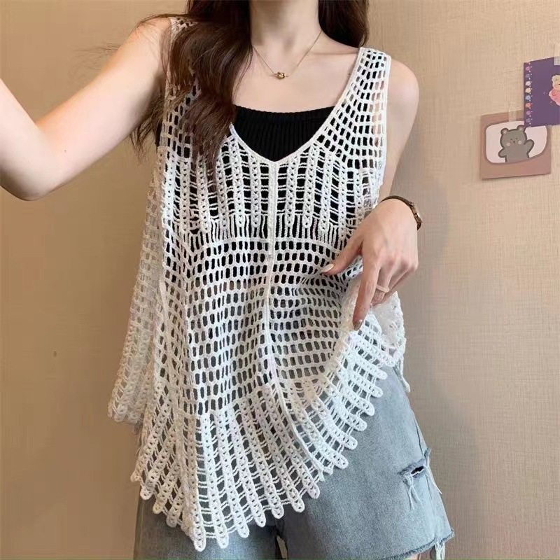 [Stella Fashion] Women's Summer V Neck Leaf Pattern Loose Tops Sleeveless Hollow Crochet knit Crop Cardigan Casual Vest-Stella's Fashion
