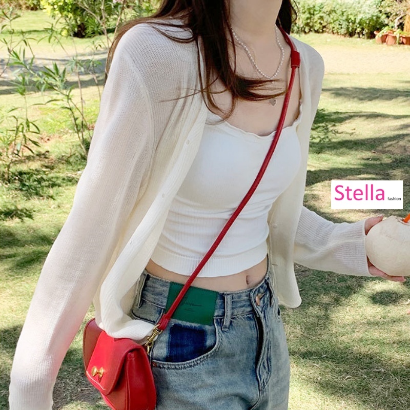 [Stella Fashion] Summer Sunscreen Outer Korean Style Women's Cover Fat Thin Top Long Sleeve Cardigan Knitted Blouse-Stella's Fashion