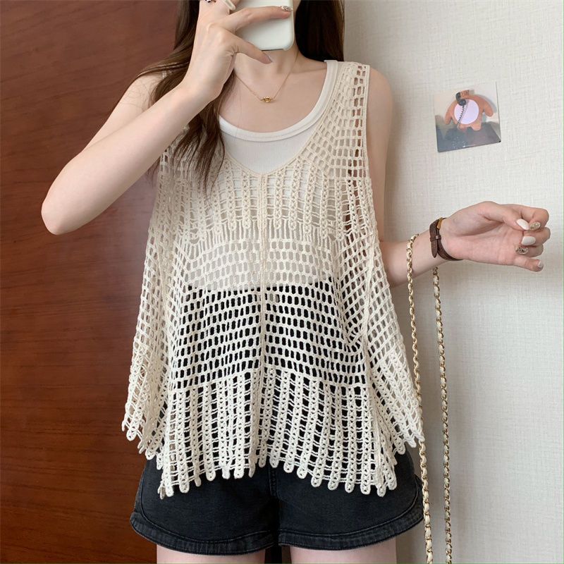 [Stella Fashion] Women's Summer V Neck Leaf Pattern Loose Tops Sleeveless Hollow Crochet knit Crop Cardigan Casual Vest-Stella's Fashion