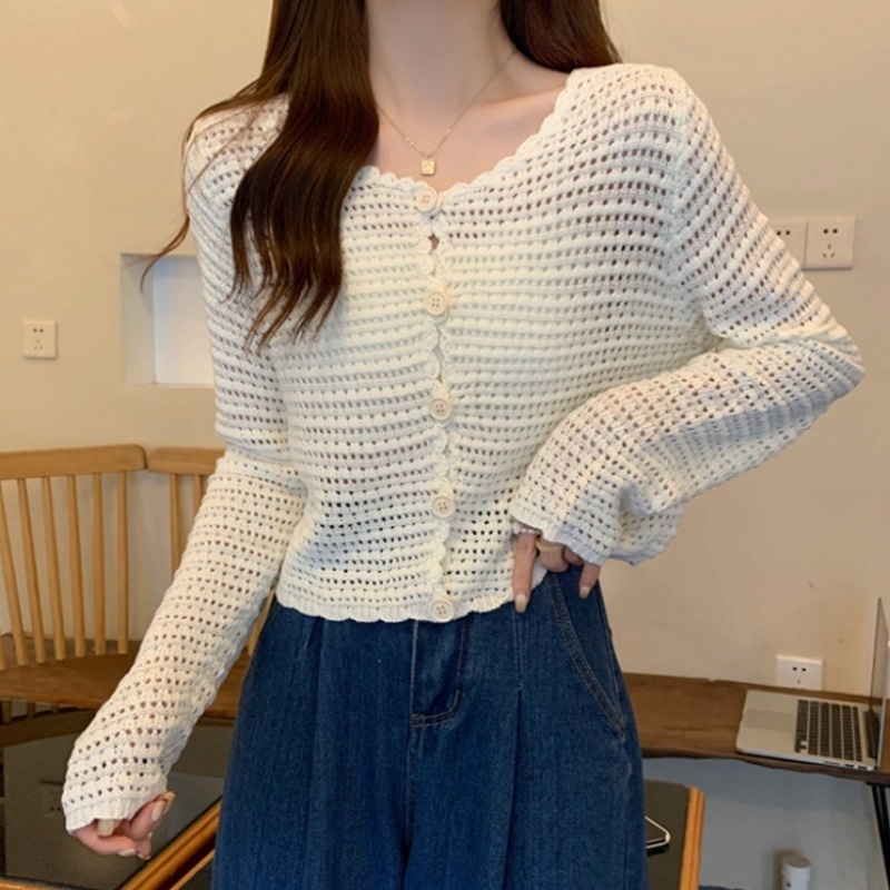 [Stella Fashion]  Summer New Hollow Knitted Cardigan Women's Long-Sleeved Outer Sunscreen Mesh Small Blouse Jacket Short Top .-Stella's Fashion
