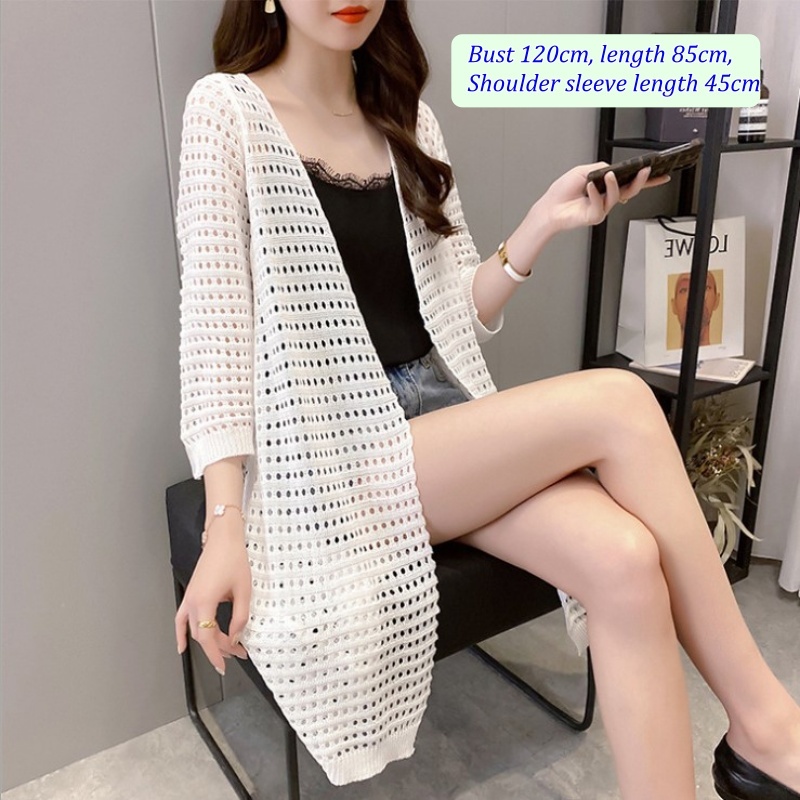 Stella Fashion Ice Silk Women's Knitted Coat Fashion Korean version women Thin loose Cardigan Mid-Length Sweater with Hallow Design-Stella's Fashion