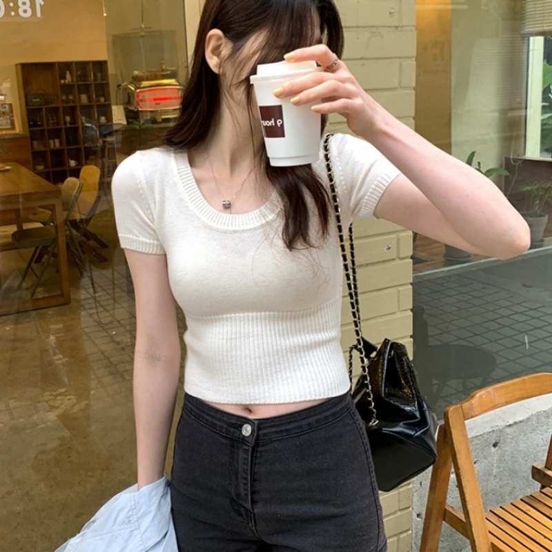 Stella Fashion Summer Soft Knitted Crop Tops U-Neck Short-Sleeved  Slim Fit Tight Design Short T-shirt-Stella's Fashion