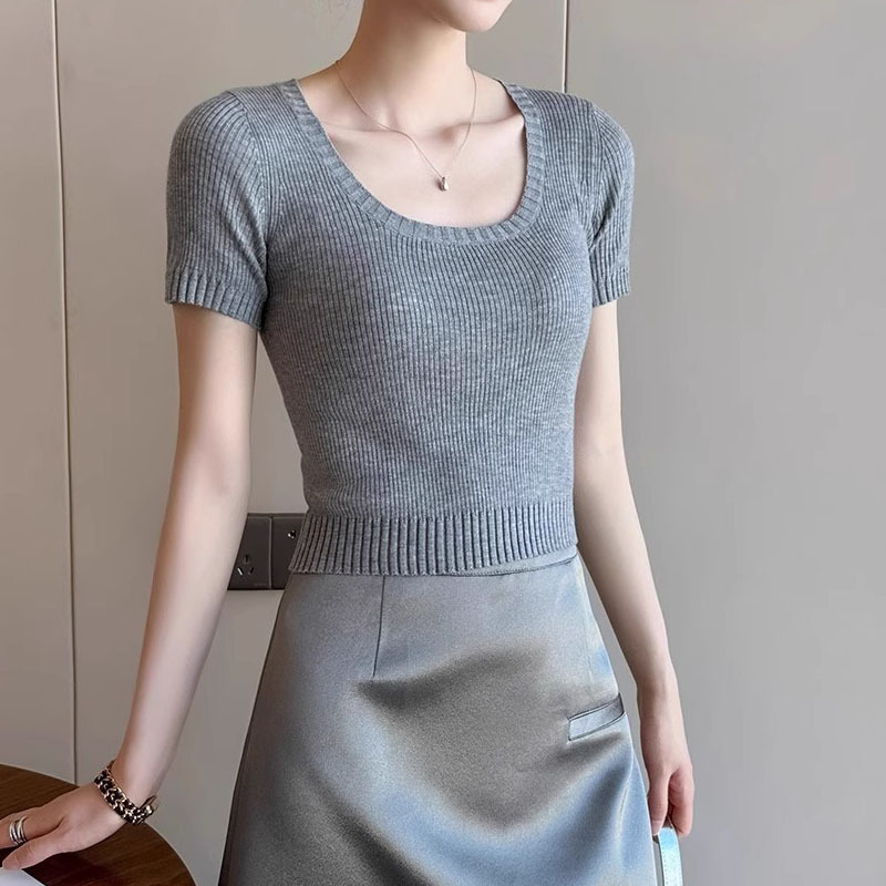 Stella Fashion Summer Soft Knitted Crop Tops U-Neck Short-Sleeved  Slim Fit Tight Design Short T-shirt-Stella's Fashion